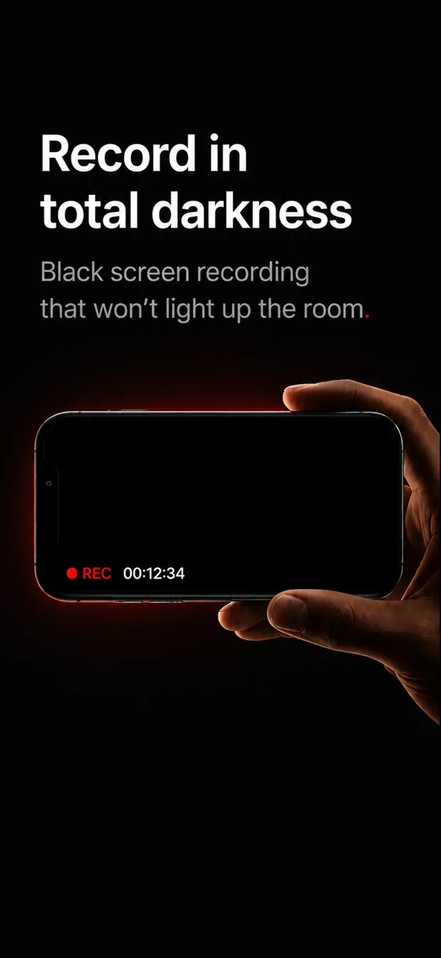 NoLight recording with the screen dark: a red dot, the word REC and an elapsed timer